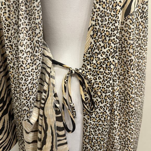 Natori Black Tan Animal Print Stretch Jersey Kimono Robe Tiger Leopard Lounge - Picture 9 of 14